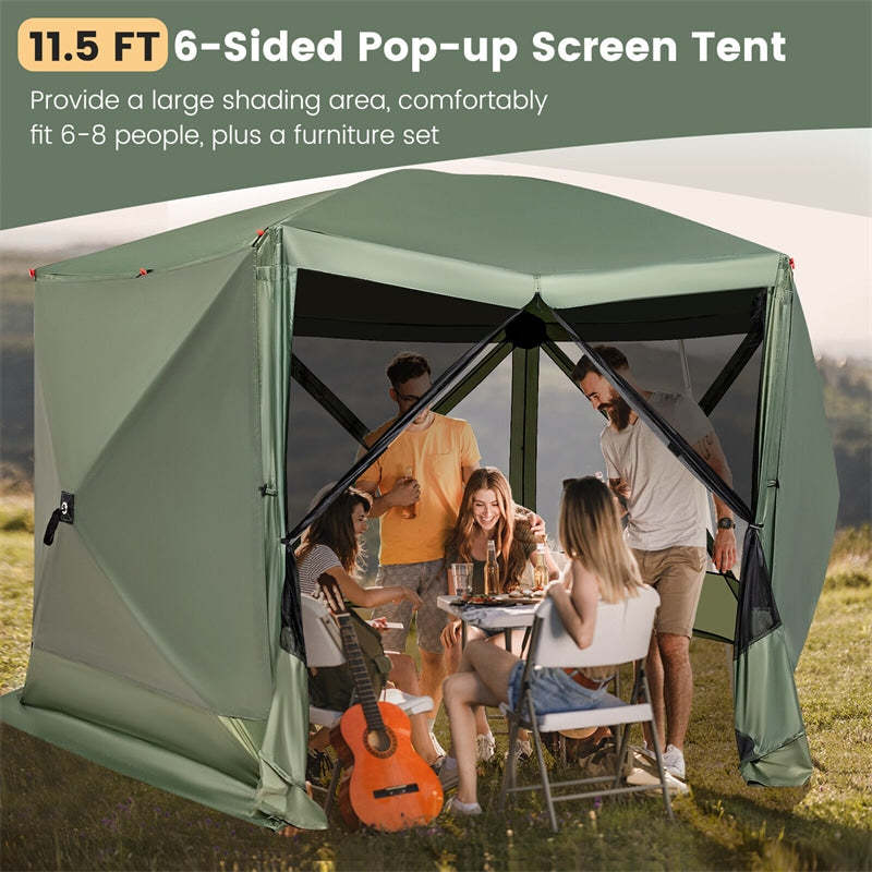 11.5' x 11.5' Pop Up Screen Tent 6-Sided Camping Gazebo Tent Outdoor Instant Canopy Shelter with Netting 2 Wind Clothes & Carry Bag
