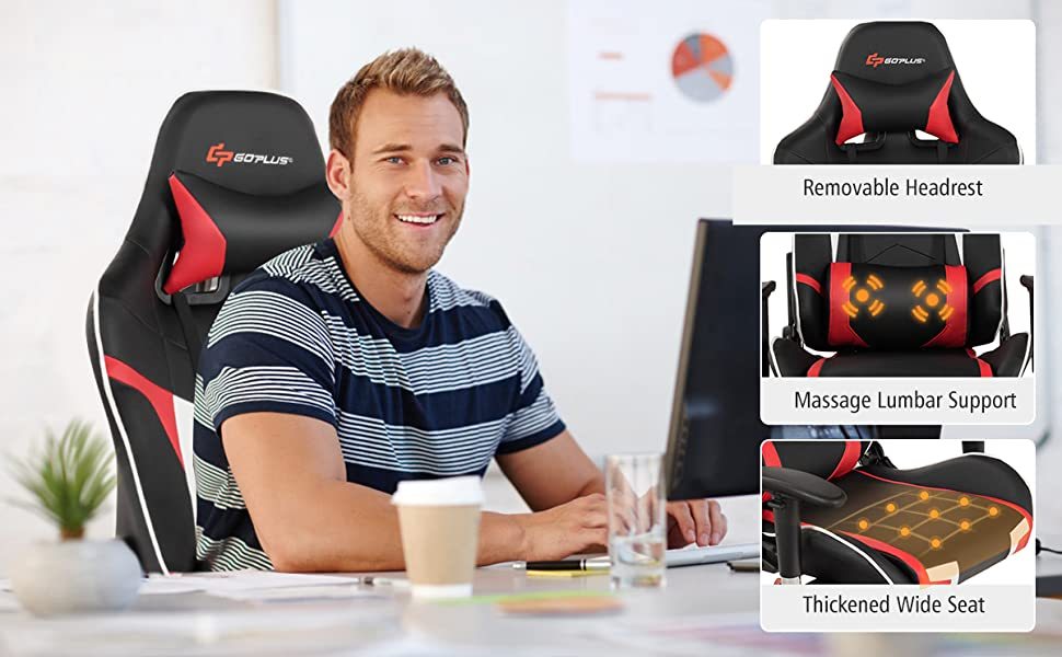 Adjustable Massage Gaming Chair High Back PU Leather Racing Gaming Chair Office Computer Reclining Chair with Lumbar Support