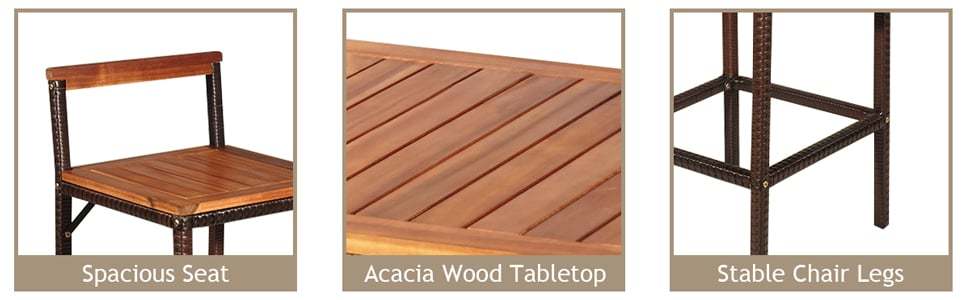 3 Pcs Outdoor Wicker Bar Height Bistro Set Patio Rattan Dining Furniture Set with Acacia Wood Tabletop & 2 Bar Stools