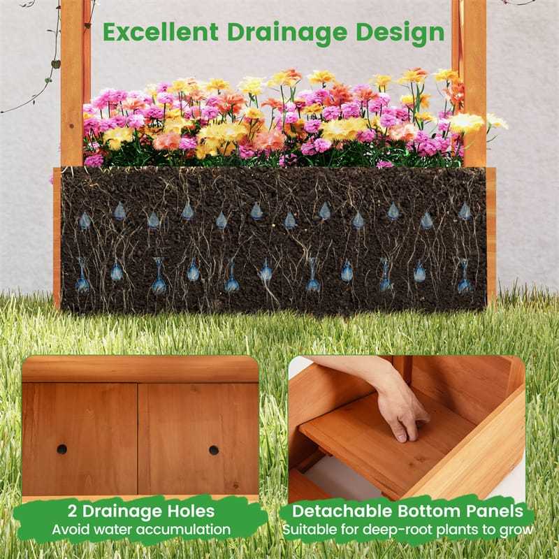Raised Garden Bed with 2-Sided Trellis, Hanging Roof, Drainage Holes, Indoor/Outdoor Wood Planter Box for Climbing Plants, Vines, Flowers