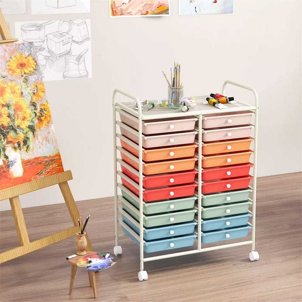 Storage Drawer Cart, 20-Drawer Rolling Cart Organizer with Lockable Wheels, Mobile Utility Cart for Office School Art Craft Supplies