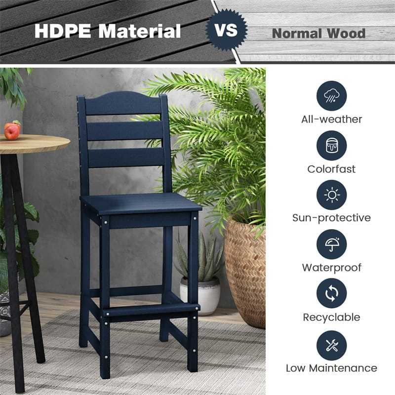 Outdoor HDPE Bar Stools Set of 2, 30" Tall All-Weather Patio Bar Chairs with Backrest & Footrest for Garden, Backyard, Easy Maintenance
