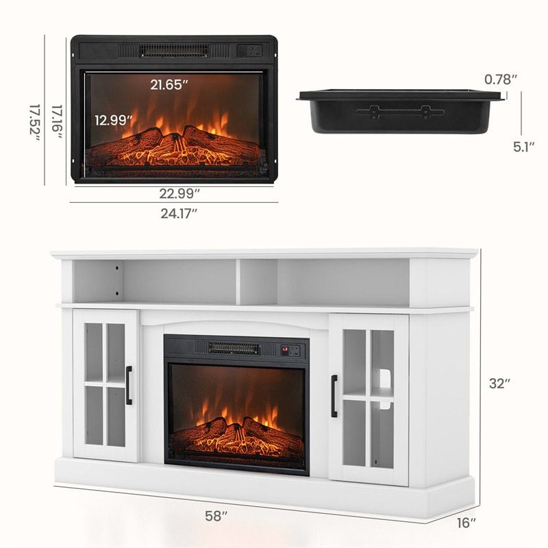 Electric Fireplace TV Stand for TVs Up to 65", 1400W Heater Insert with Remote Control, 3-Level Flame, Overheat Protection, Adjustable Shelves