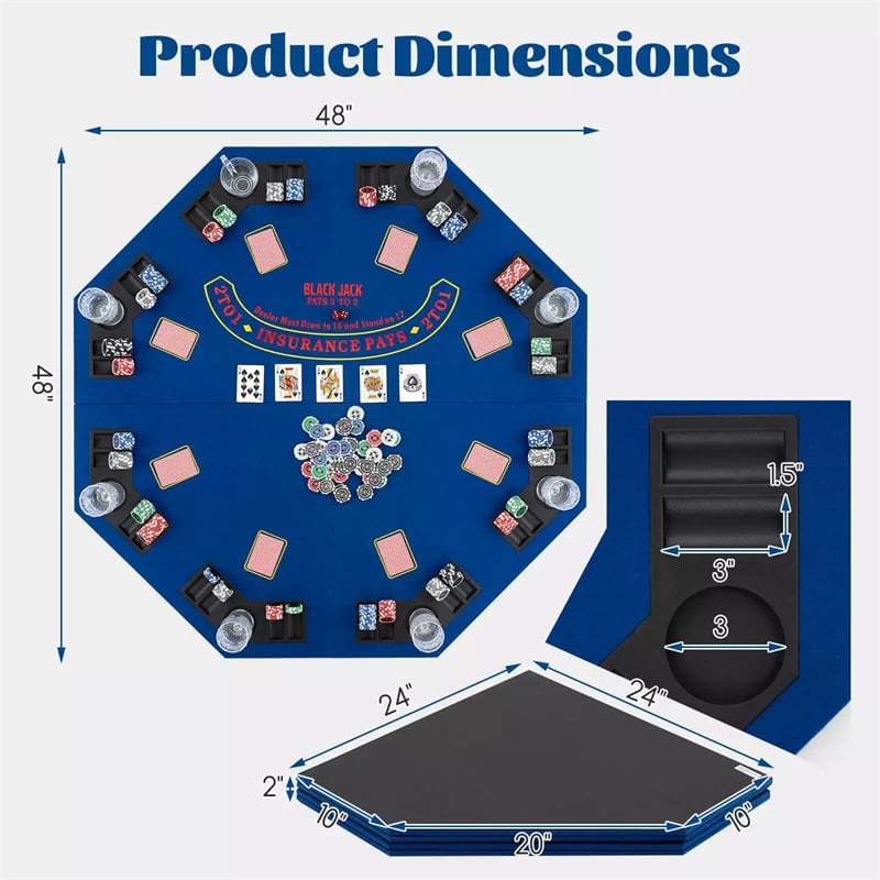 48" Folding Poker Table Top, 8-Player Portable Casino Card Game Top with Cup Holders, Chip Trays, Carrying Bag & Non-Slip Bottom for Family Fun