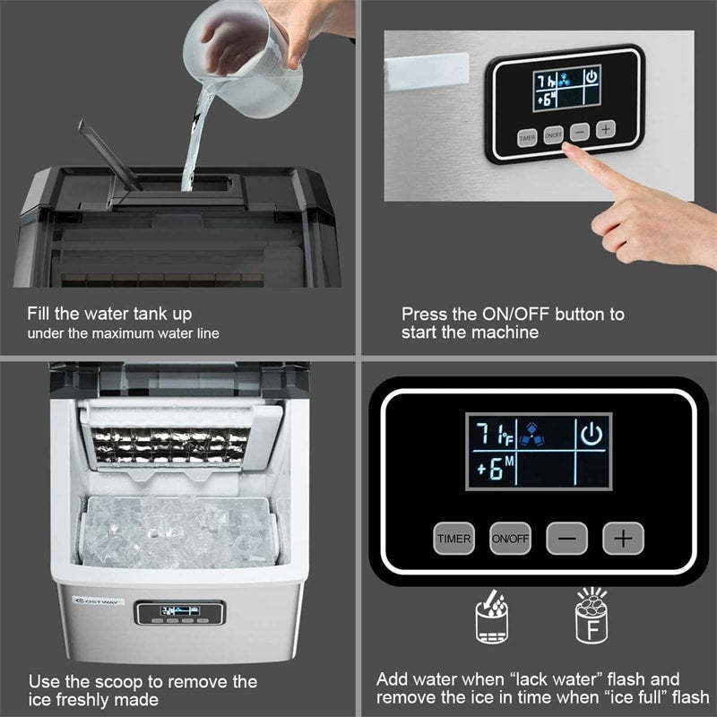 48LBS/24H Countertop Ice Maker, Portable Stainless Steel Ice Machine with Self-Cleaning, Timer Function, LCD Display, Ice Scoop & Basket