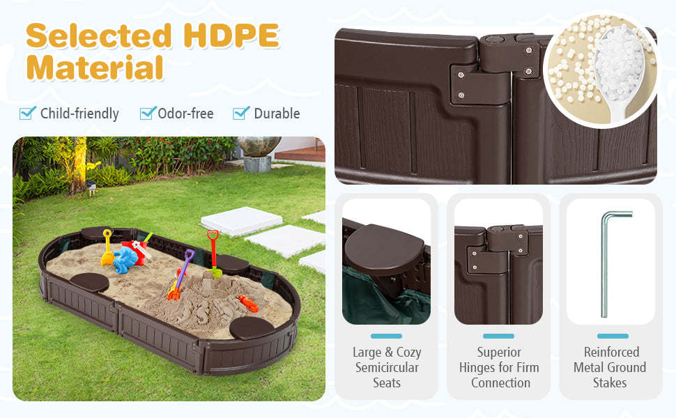 Kids Outdoor Playset Sandbox with Detachable Corner Seats Bottom Liner Dust Cover
