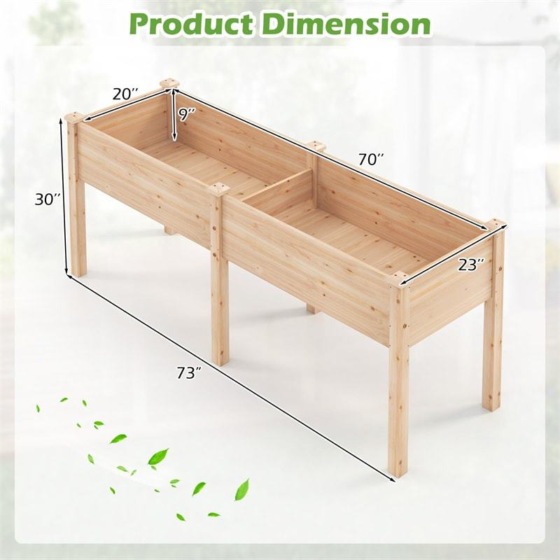 Wood Raised Garden Bed with 6 Legs, Divider Panel & Drainage, Elevated Planter Box for Vegetables, Flowers, 73x23x30 Inch