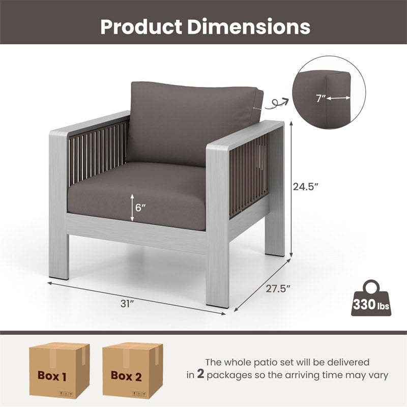 2PCS Aluminum Single Sofa Outdoor Club Chair Alloy Patio Accent Chair Garden Armchair with Thick Back & Seat Cushions