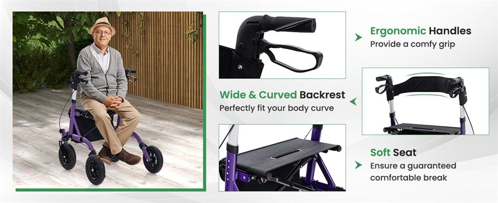 Foldable Rollator Walker for Seniors, Height Adjustable Rolling Walker with Seat, 9.5" Pneumatic Wheels, Storage Bag, Bariatric Rollator 350LBS