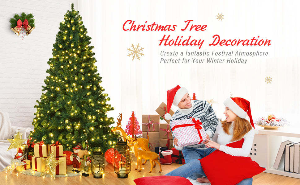 7FT Pre-Lit Hinged Spruce PVC Artificial Christmas Tree with 300 LED Lights