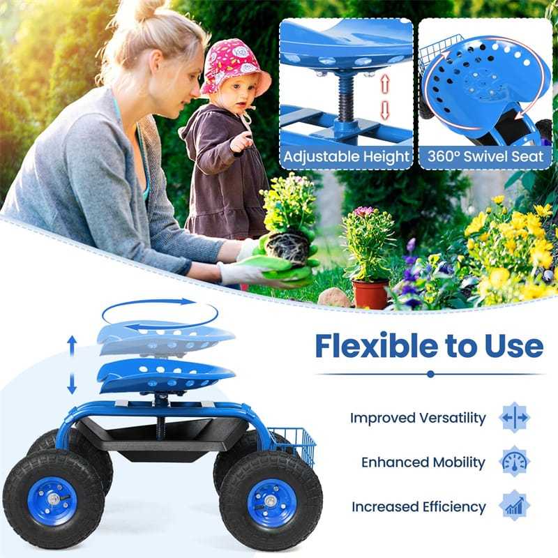 Rolling Garden Cart with 360° Swivel Seat, Tool Basket, Adjustable Height, 330LB Capacity Heavy Duty Gardening Seat for Lawn, Yard Work, Seniors