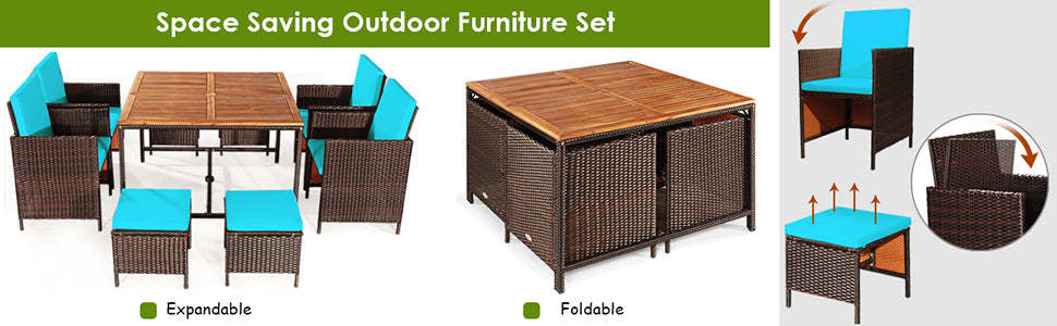 9 Pcs Outdoor Acacia Wood Patio Dining Set with Wicker Chairs & Umbrella Hole