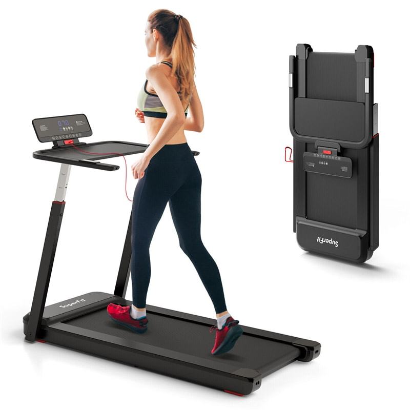 3HP Folding Treadmill w/Desk, Adjustable Height, APP Control, LED Display & 25 Preset Programs, Compact Walking Running Machine for Home Office