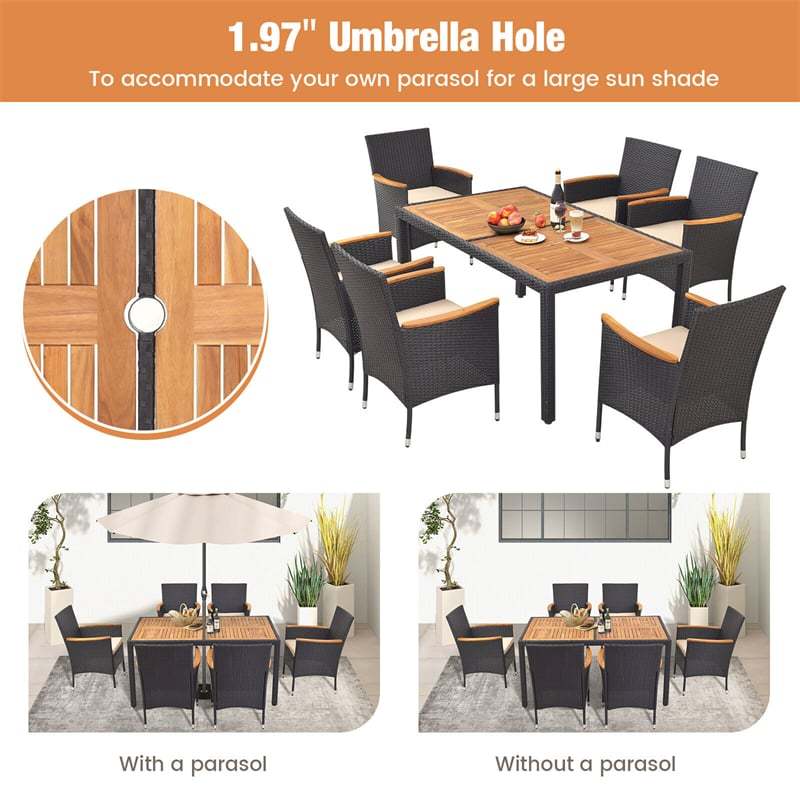 7-Piece Outdoor Dining Set for 6, Patio Conversation Set Rattan Wicker Dining Table Chair Set with Umbrella Hole Acacia Wood Tabletop & Seat Cushions