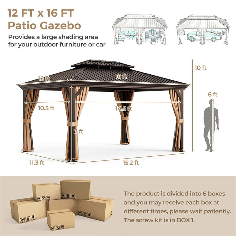 12' x 16' Double-Roof Hardtop Gazebo with Galvanized Steel Roof, Curtains & Netting, Aluminum Outdoor Permanent Gazebo Pavilion for Backyard Patio