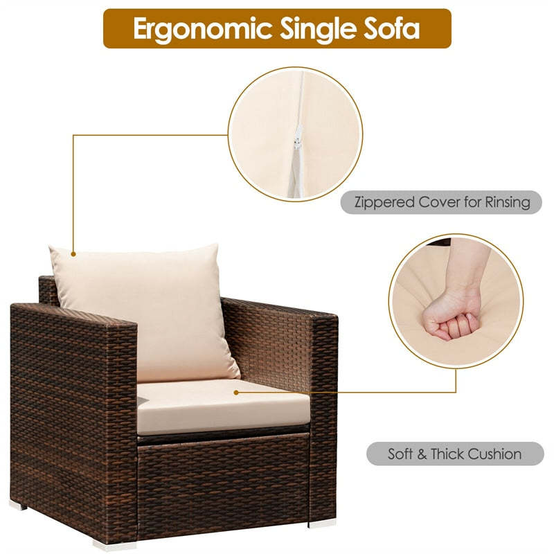 3 Piece Patio Conversation Set, Outdoor Rattan Sofa Furniture Set with Washable Cushions & Tempered Glass Coffee Table for Poolside Backyard