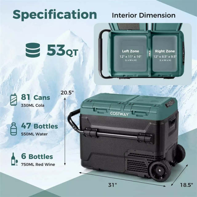 53 Quart Dual Zone Car Refrigerator with Wheels, Portable Car Fridge Freezer 12V/24V DC, 100-240V AC Electric Cooler for RV Camping