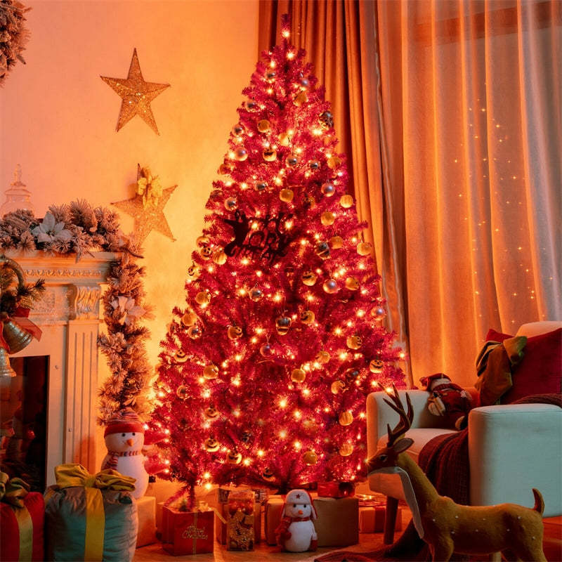 7FT Purple Artificial Christmas Tree Pre Lit Halloween Tree with 500 Orange LED Lights & Pumpkin Ornaments for Holiday Festival Decor