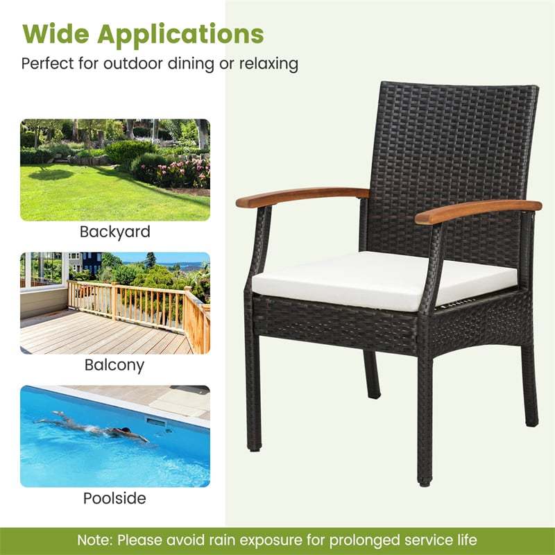 Patio PE Rattan Dining Chairs with Acacia Wood Armrests, Soft Zippered Cushions, Heavy-Duty Metal Frame Wicker Outdoor Armchairs for Balcony
