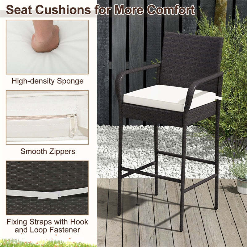 Bestoutdor 2 Pcs Patio PE Wicker Bar Chairs Counter Height Barstools with Armrests & Soft Cushions