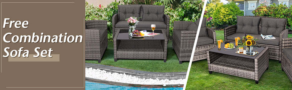 4 Piece Wicker Patio Conversation Set with Coffee Table & Cushioned Sofa