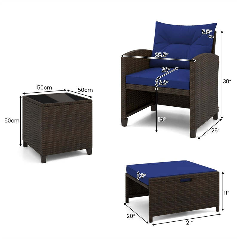5-Piece Patio Rattan Furniture Set, Cushioned Wicker Chairs with 2 Ottomans & Glass Coffee Table, Outdoor Sectional for Porch Backyard Poolside