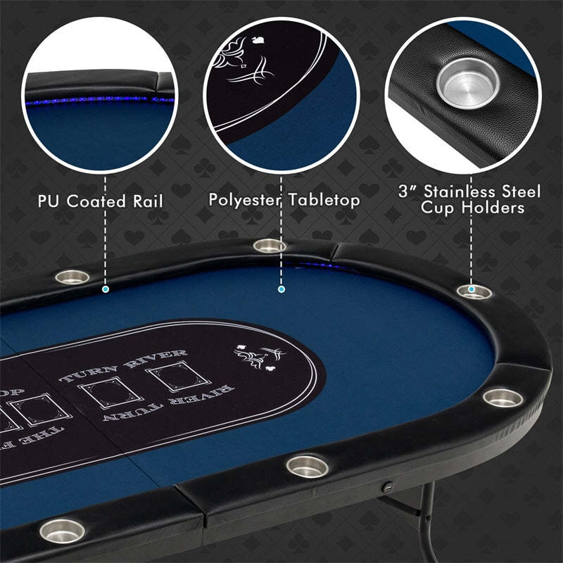 10-Player Poker Table, Foldable Casino Leisure Table Card Game Table Texas Holdem Table with LED Lights, Cup Holder & 4 USB Ports for Blackjack Board