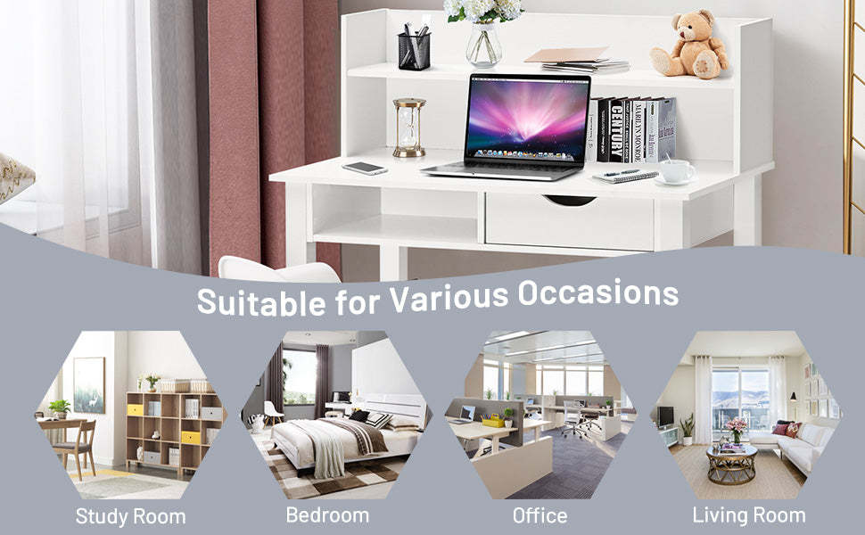 White Home Office Computer Desk Writing Studying Desk with Storage Shelves & Drawer