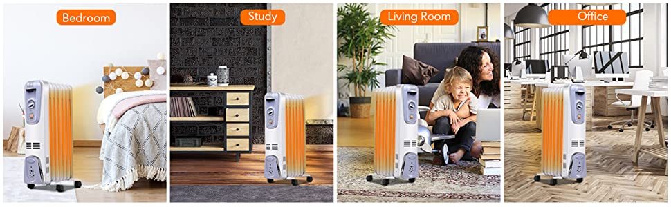 1500W Portable Electric Oil Filled Radiator Heater with 4 Wheels Adjustable Thermostat