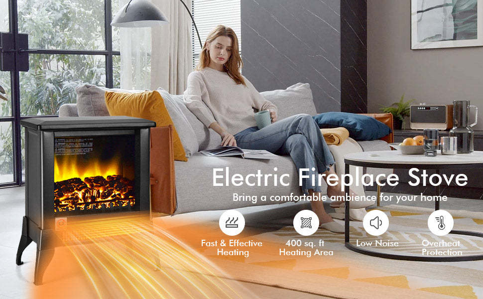 18 Inch Portable Electric Fireplace Stove 1400W Freestanding Fireplace Heater with Realistic Flame Effect