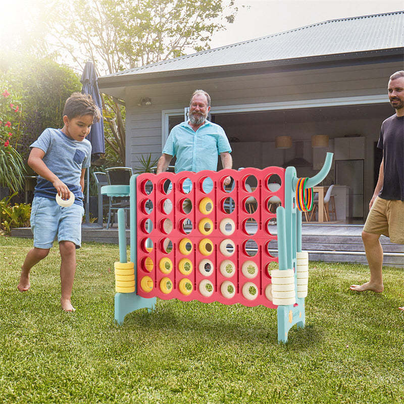 Giant 4-in-A-Row Game Set with 42 Jumbo Rings, Basketball Hoop, Quick-Release Slider, 2.5FT Indoor/Outdoor Connect Game for Kids & Adults