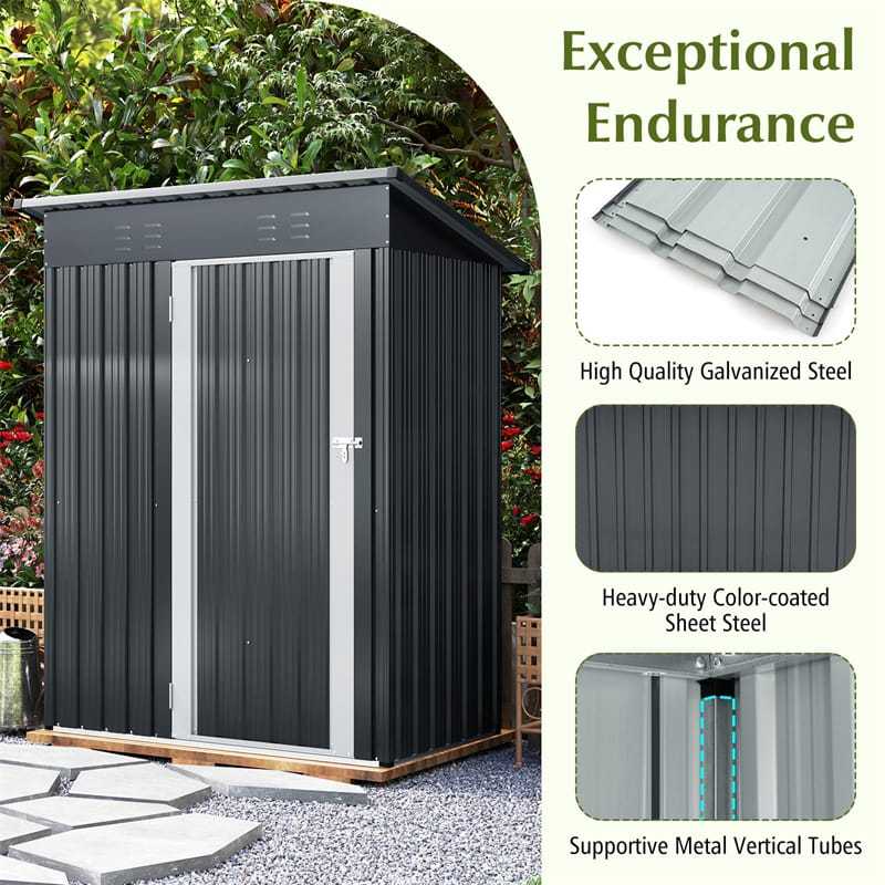 5x3FT Outdoor Storage Shed, Galvanized Steel Garden Tool House with Sloped Roof & Lockable Door, Weatherproof for Patio, Backyard, Trash Can Storage