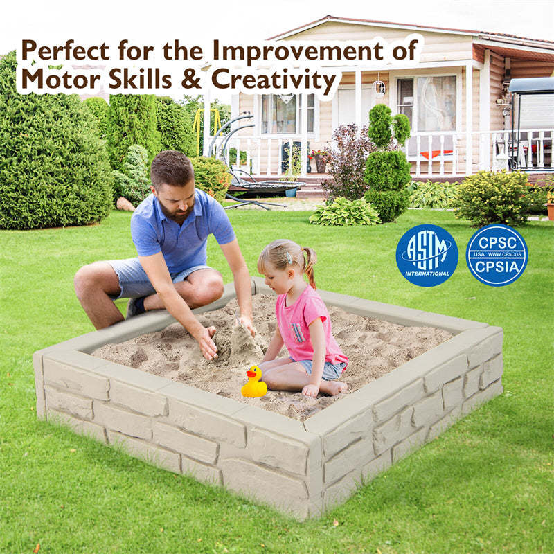 4FT Kids Sandbox, Weather Resistant HDPE Square Sand Pit with Oxford Cover & Bottom Liner for Outdoor Backyard, Lawn, Garden & Beach Play