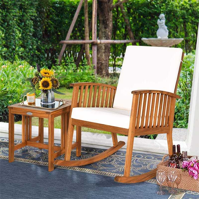 2-Piece Acacia Wood Rocking Bistro Set, Outdoor Rocking Chair with Coffee Table & Detachable Cushions for Patio, Backyard, Porch & Indoors