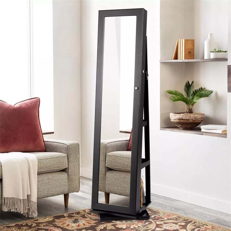 360° Swivel Jewelry Cabinet Armoire with Full Length Mirror & Rear Storage Shelves, Standing Lockable Jewelry Organizer Inside Makeup Mirror