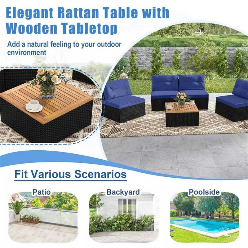 5 Piece PE Rattan Patio Sofa Set with Acacia Wood Top Coffee Table, Seat & Back Cushions, Wicker Outdoor Sectional Furniture for Backyard Garden