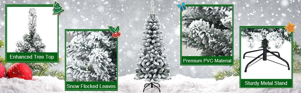 6FT Unlit Hinged Snow-flocked Artificial Pencil Christmas Tree with 500 Branch Tips