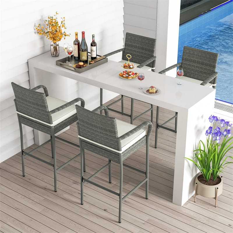 Patio PE Rattan Bar Stools Set of 4 Heavy Duty Frame Outdoor Wicker Bar Chairs 29.5" High Back Barstools with Armrests & Soft Cushions