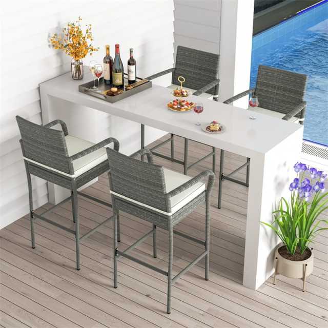 Patio PE Rattan Bar Stools Set of 4 Heavy Duty Frame Outdoor Wicker Bar Chairs 29.5" High Back Barstools with Armrests & Soft Cushions