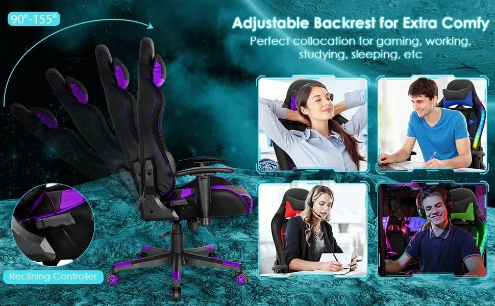 RGB Gaming Chair PVC Leather High Back Adjustable Computer Chair with LED Lights Headrest Lumbar Support