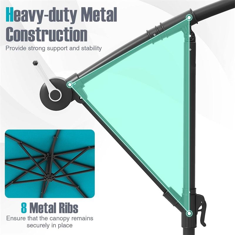 10FT Solar Offset Patio Umbrella, Hanging Cantilever Umbrella with 32 LED Lights, Adjustable Tilt, Sand Bag Base for Garden, Poolside, Yard