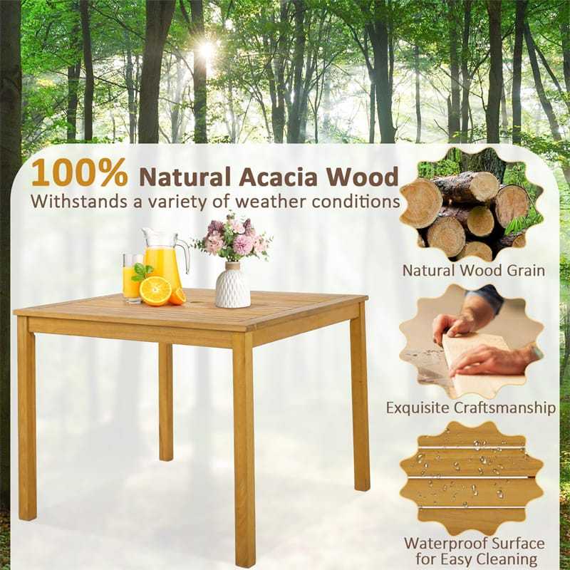 4-Person Square Acacia Wood Dining Table, Farmhouse Outdoor Bistro Table with 1.9" Umbrella Hole for Patio, Yard, Deck & Lawn
