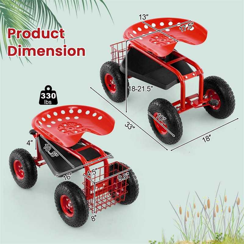 Rolling Garden Cart with 360° Swivel Seat, Tool Tray & Basket, Height Adjustable Gardening Workseat on Wheels, Patio Wagon Scooter for Planting