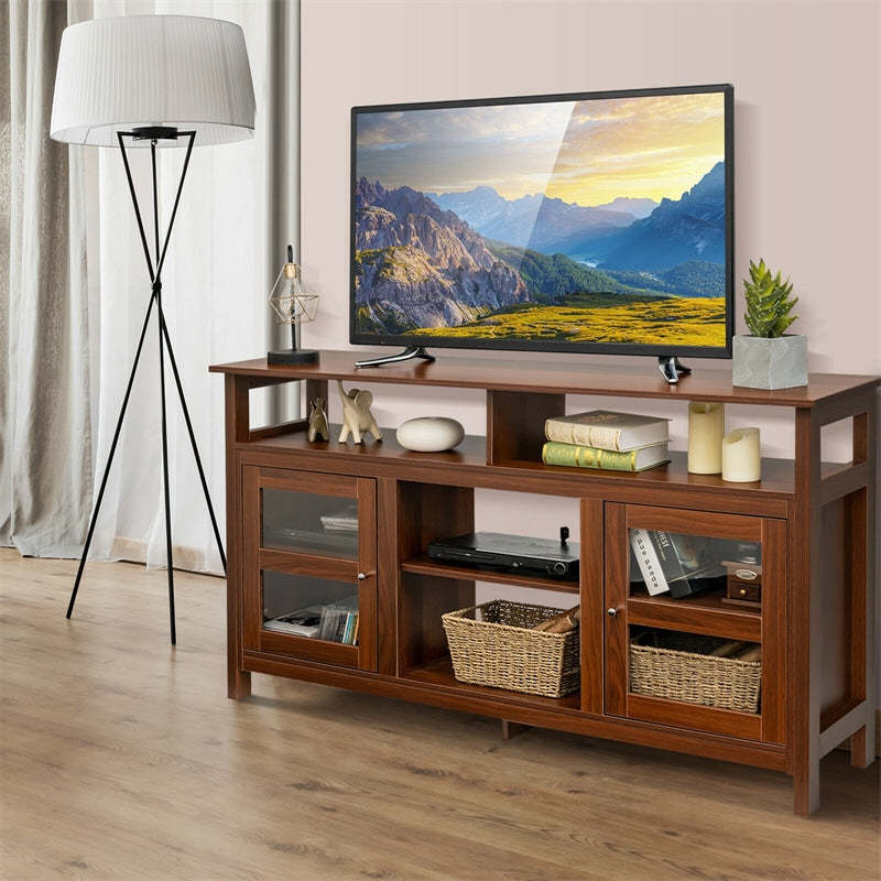 58" Fireplace TV Stand for TVs up to 65", Farmhouse Wood Media Console with 2 Cabinets & 4 Shelves, Entertainment Center for 18" Fireplace