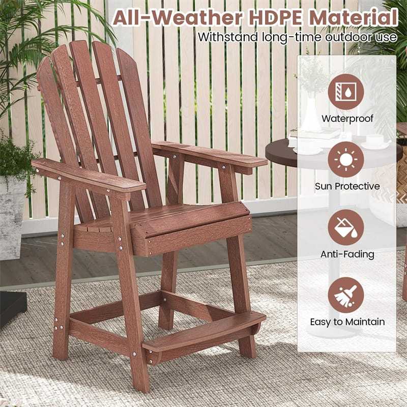 Outdoor HDPE Bar Stool, Tall Adirondack Chair with Armrest & Footrest, Weather-Resistant 47" Counter Height Barstool for Poolside, Patio Garden
