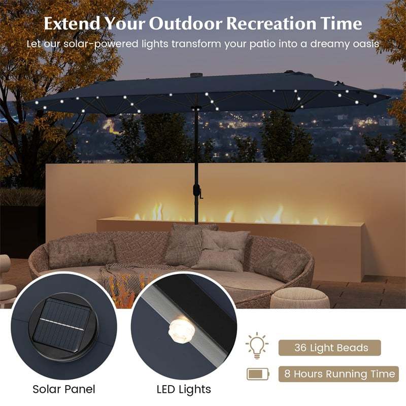 13FT Double-sided Patio Umbrella with Base, 36 Solar LED Lights & Crank Handle, Large Twin Table Umbrella for Poolside, Outdoor Dining