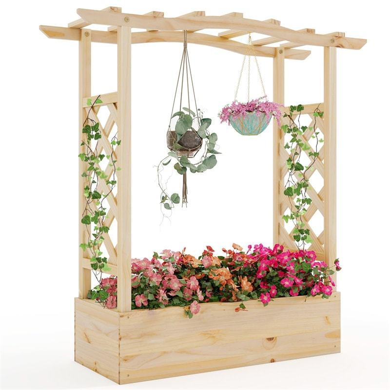 44" Wood Raised Garden Bed with Trellis, Hanging Roof & Drainage System, Freestanding Elevated Garden Planter for Flowers, Herbs, Climbing Vines