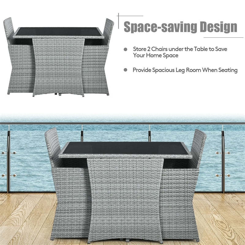 3 Piece Space-Saving Patio Rattan Bistro Set with Cushioned Armchairs & Coffee Table