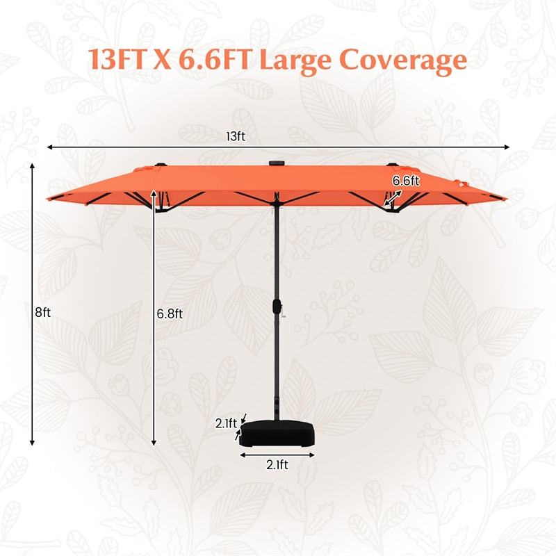 13FT Double-sided Patio Umbrella with Base, 36 Solar LED Lights & Crank Handle, Large Twin Table Umbrella for Poolside, Outdoor Dining