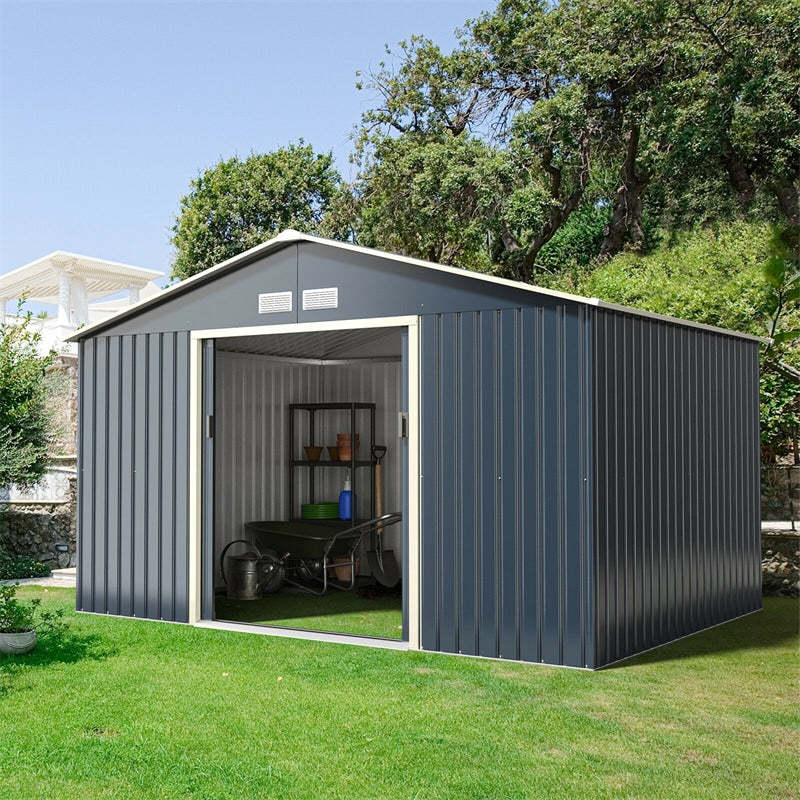11 x 8FT Galvanized Steel Storage Shed with Lockable Double Sliding Doors & 4 Vents, Large Outdoor Garden Tool Shed for Backyard, Patio, Lawn